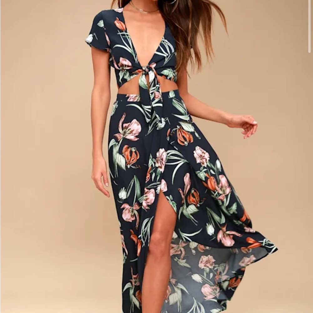 Navy Blue Floral Print Two-piece Maxi Dress